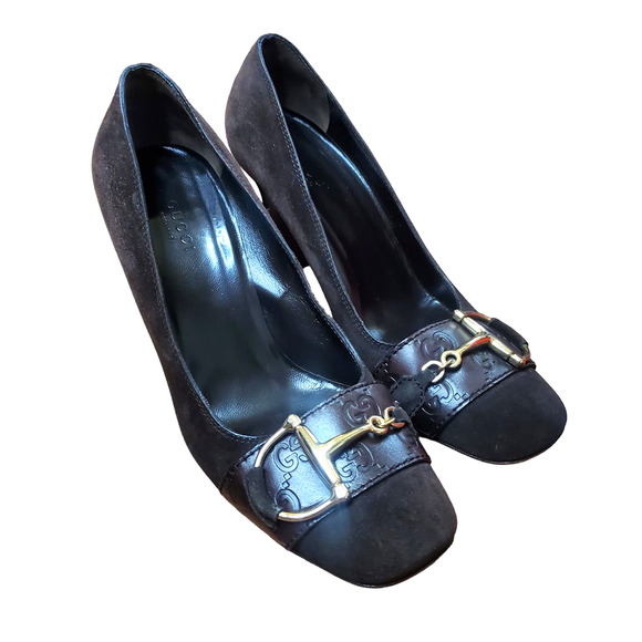 Gucci Shoes - Gucci Horsebit Accented Suede and Embossed Leather Pumps Heels Guccissima 7.5 B